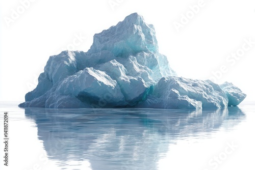 A large iceberg isolated on a white background showcasing its unique shape and texture, symbolizing the beauty and fragility of arctic ice formations