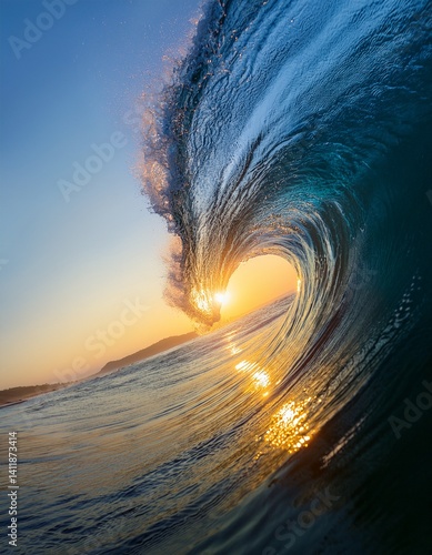 Sea water ocean wave so big in circle, sunrise in the middle of the circle