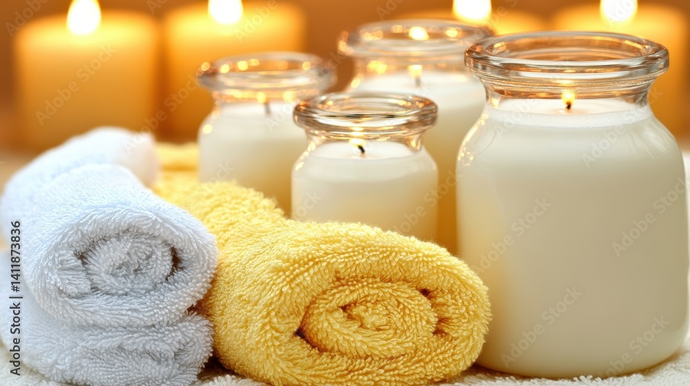 Cozy bathroom scene with soft towels, ambient candles, and a product bottle creating a relaxing and inviting atmosphere Cozy bathroom scene with soft towels, ambient candles, and a product bottle creating a relaxing and inviting atmosphere