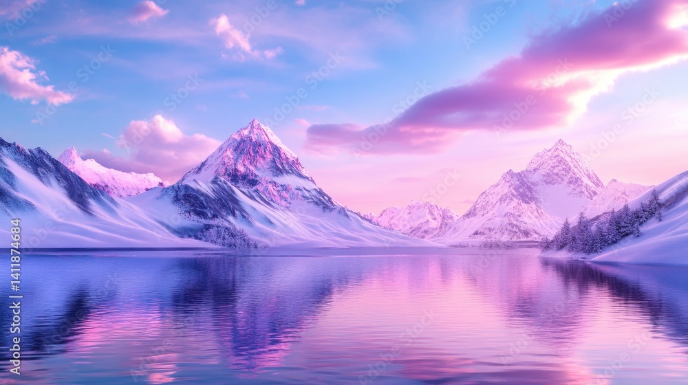 Serene Mountain Landscape with Reflection in Calm Water at Sunset