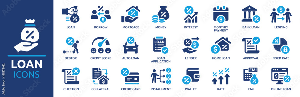 custom made wallpaper toronto digitalLoan icon set. Containing mortgage, borrow, interest, debtor, credit score, lender, installment, rate, lending and more. Solid vector icons collection.