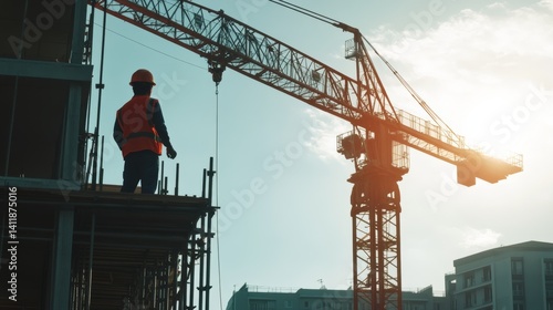 A construction worker operating a crane on a building site. Featuring strength and precision