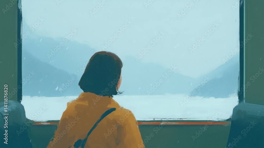 Girl looking out the window on the train illustration.