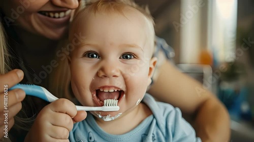 mother brushes her baby's teeth. Selective focus