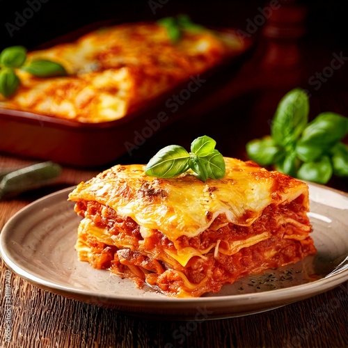 Delicious homemade lasagna with fresh basil garnish