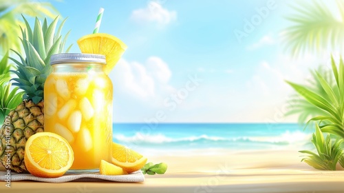 Refreshing pineapple drink on a beach towel under bright sunlight by the ocean waves for a perfect summer vibe