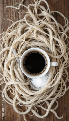 Warm coffee cup nestled softly in creamy yarn a comforting autumnal scene. AI Generated
