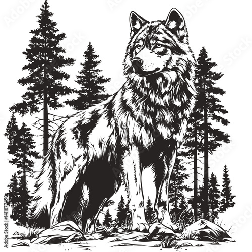 Wolf in Forest: A majestic wolf, its fur detailed with intricate shading and a keen gaze, stands watch in a dense forest, its silhouette outlined against the backdrop of towering pines. 