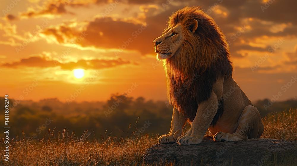 Majestic lion sitting on rock during golden sunset, serene and powerful