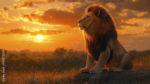 Obraz na płótnie Majestic lion sitting on rock during golden sunset, serene and powerful w salonie