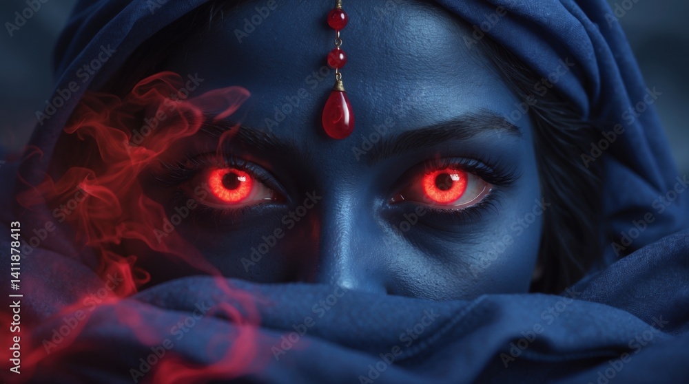 Piercing red eyes glow from a smoky veil, evoking power and mystery. Piercing red eyes glow from a smoky veil, evoking power and mystery.