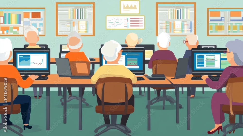 Elderly Individuals Engaged in Computer Class Activities in a Classroom Elderly Individuals Engaged in Computer Class Activities in a Classroom