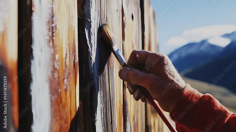 Fototapeta premium Painter applying a fresh coat of paint on a wooden fence. Featuring outdoor painting and home care