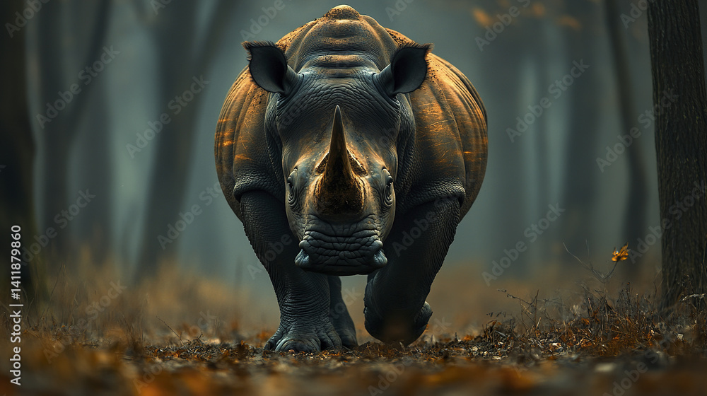massive rhino walks determinedly through misty forest massive rhino walks determinedly through misty forest