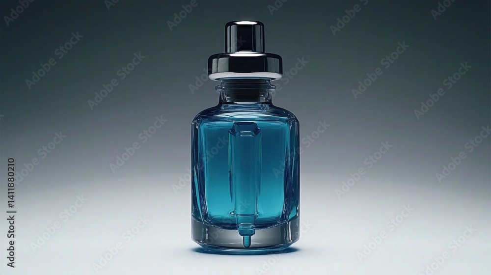 Elegant and stylish bottle of perfume displayed on a table with a clinical and sterile background Elegant and stylish bottle of perfume displayed on a table with a clinical and sterile background