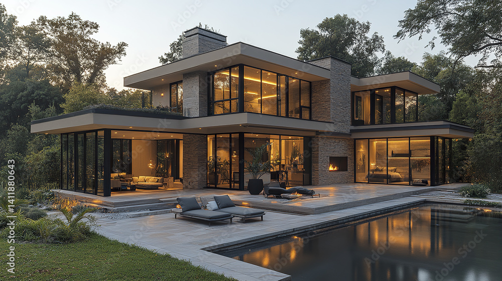 Modern home with large windows and pool, surrounded by trees