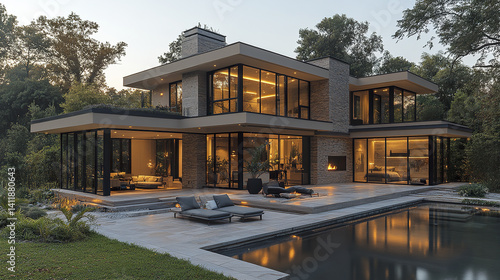 Obraz na płótnie Modern home with large windows and pool, surrounded by trees w salonie