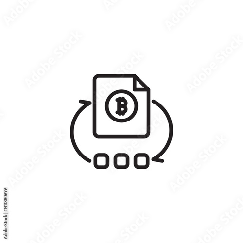 A document icon with a Bitcoin symbol is surrounded by a circular arrow and three outlined circles, representing a cryptocurrency transaction, exchange, or blockchain process.