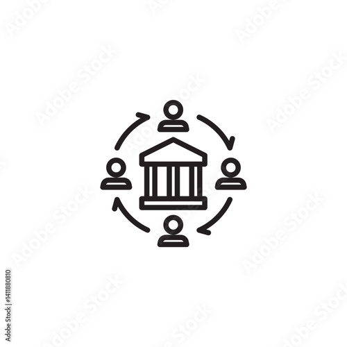 A central building icon, resembling a bank or government structure, is surrounded by four user icons connected by circular arrows, illustrating community governance or a decentralized autonomous organ