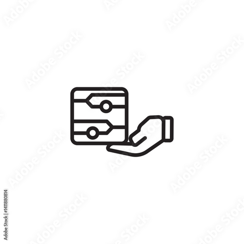 A hand icon holds a rectangular object with circuitry lines and circular elements, representing a chip, integrated circuit, or electronic component.