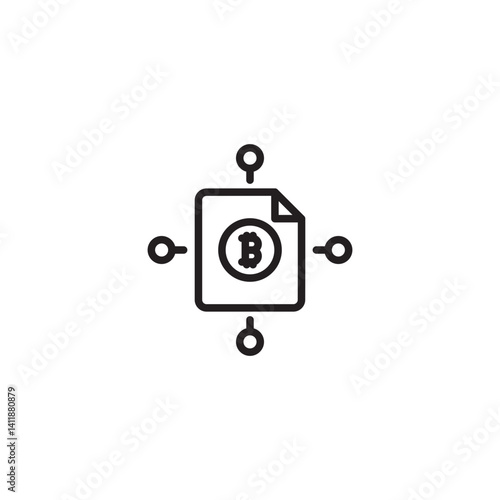 A document icon featuring a Bitcoin symbol is connected to four nodes, illustrating a decentralized network, distributed ledger, or peer-to-peer cryptocurrency transaction.