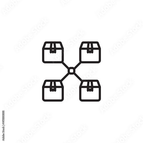 Four cardboard box icons are connected to a central point, illustrating a distribution network, logistics hub, or interconnected delivery system.