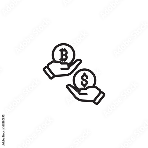 Two open hands each hold a coin, one with a Bitcoin symbol and the other with a dollar sign, representing cryptocurrency exchange or the choice between digital and traditional currency.