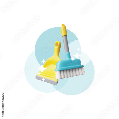 Vector 3D illustration of dustpan and brush for cleaning with shining effect of cleanliness.