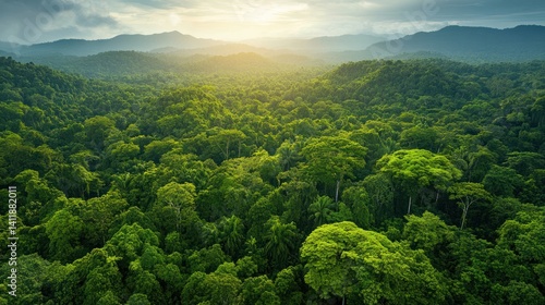 Fototapeta Naklejka Na Ścianę i Meble -  Aerial View of Lush Rainforest Canopy at Sunset
