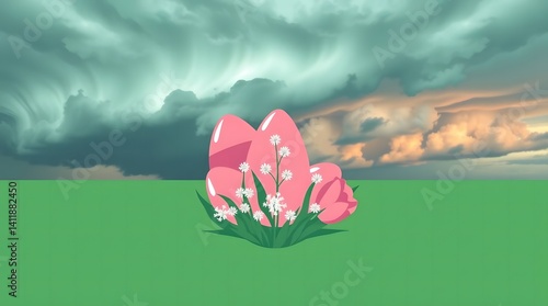 Decorative pastel-colored Easter eggs arranged on a soft pink background, evoking springtime joy and celebration. Enhance your designs with this festive and cheerful composition