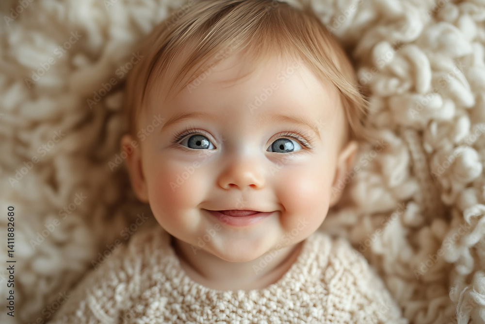 Generative AI Portrait of Cute Baby with Blue Eyes on Soft Floral Blanket in Natural Light Generative AI Portrait of Cute Baby with Blue Eyes on Soft Floral Blanket in Natural Light