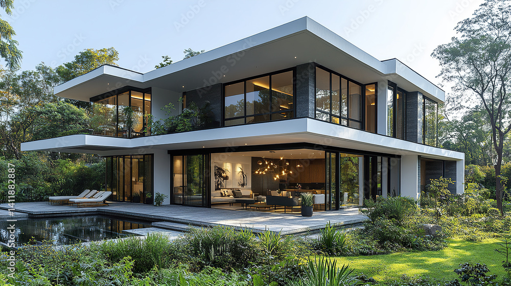 Fototapeta premium Modern house with white facade and large windows surrounded by greenery
