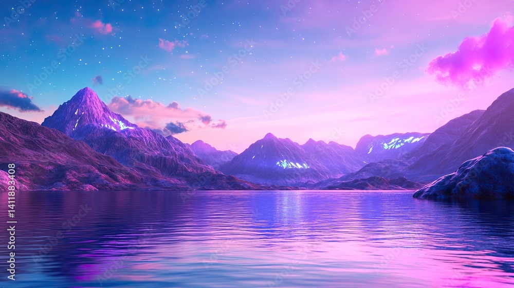 Obraz premium Serene Landscape with Majestic Mountains and Colorful Sky Reflections