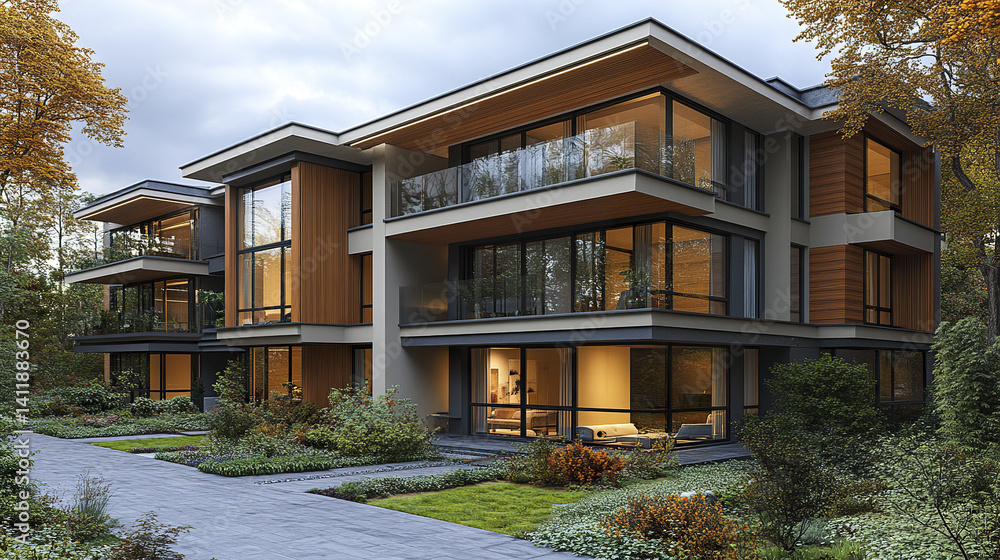 Fototapeta premium Modern residential building with sleek lines and large windows in serene setting