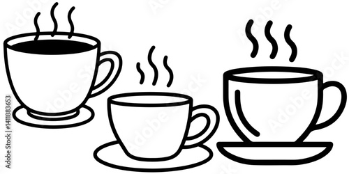 Three cups of coffee are steaming. Black and white vector line art graphics.