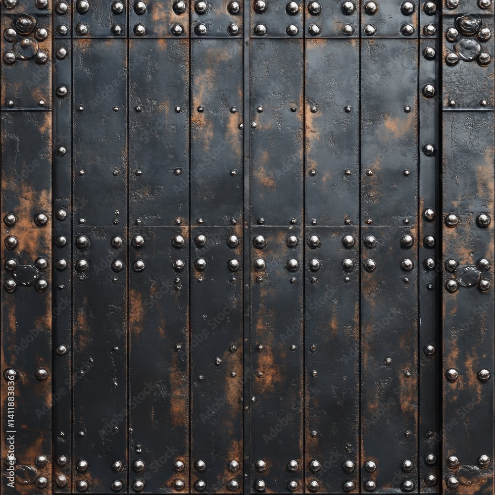 Fototapeta premium Rustic Black Metal Door with Rivets and Weathered Texture Design