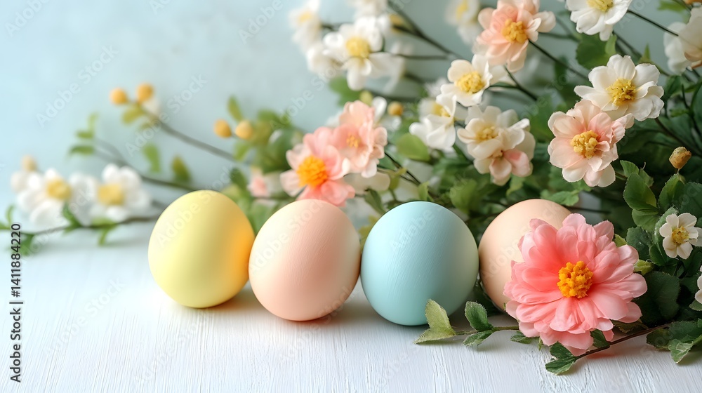 pastel-colored Easter eggs with vibrant spring flowers, creating a festive and joyful atmosphere pastel-colored Easter eggs with vibrant spring flowers, creating a festive and joyful atmosphere