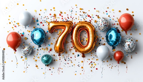 Golden Number 70 Balloons With Festive Celebration Balloons And Confetti On White Background