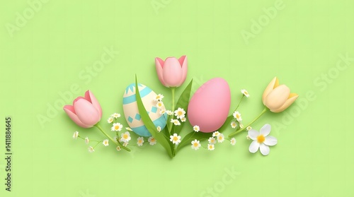 Decorative pastel-colored Easter eggs arranged on a soft pink background, evoking springtime joy and celebration. Enhance your designs with this festive and cheerful composition