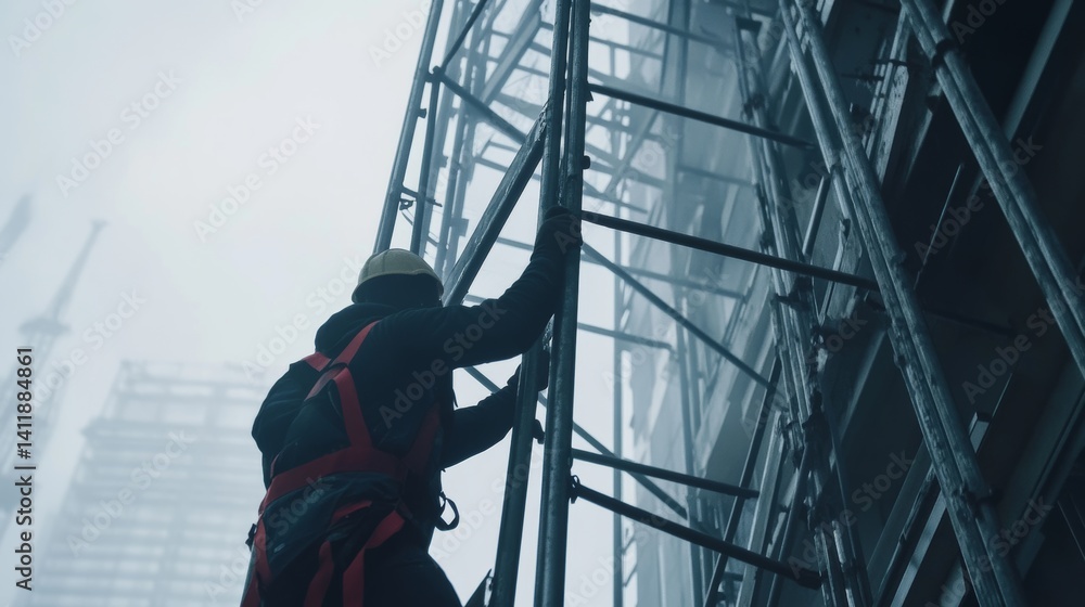 Fototapeta premium A construction worker securing scaffolding at a work site. Featuring teamwork and safety
