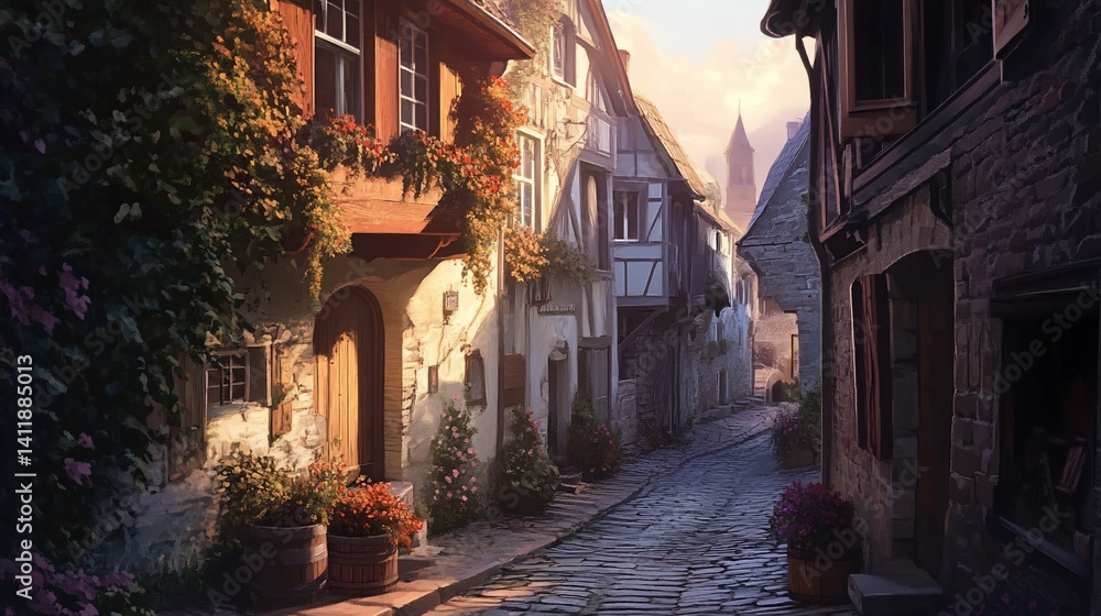Fototapeta premium Enchanting Alleyway in a Quaint European Village at Sunset capturing the essence of old-world charm and timeless beauty