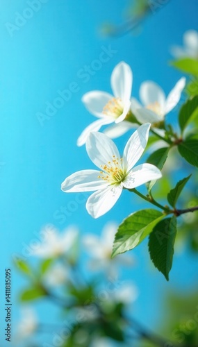 Delicate white jasmine blossoms against a vibrant blue sky , stock, pure