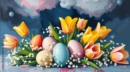 Decorative pastel-colored Easter eggs arranged on a soft pink background, evoking springtime joy and celebration. Enhance your designs with this festive and cheerful composition