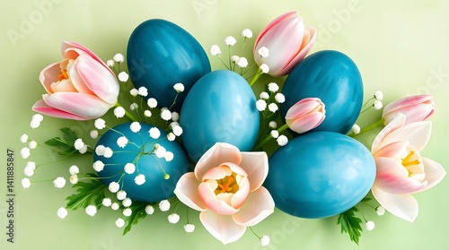 Decorative pastel-colored Easter eggs arranged on a soft pink background, evoking springtime joy and celebration. Enhance your designs with this festive and cheerful composition
