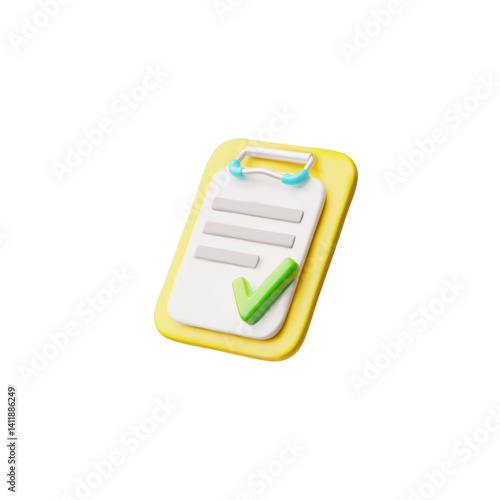 3D design of folder with checklist and green check mark. Project or report closure concept.