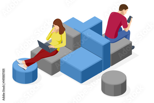 Isometric vector illustration of individuals working independently in a quiet coworking lounge area. Project management, team discussion. Project tracking, agile workflow, remote team, tech startup