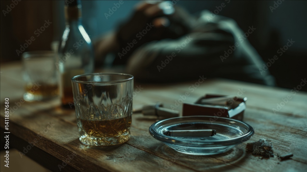 Alcohol addiction. Whiskey in glass, bottle, cigarettes and ashtray on wooden table
