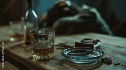 Obraz na płótnie Alcohol addiction. Whiskey in glass, bottle, cigarettes and ashtray on wooden table w salonie