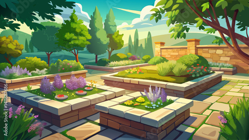Stone-bordered herb patches in a sunny backyard filled with aromatic scents.