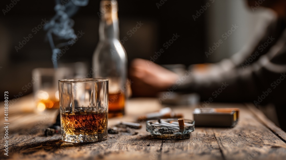 Alcohol addiction. Whiskey in glass, bottle, cigarettes and ashtray on wooden table